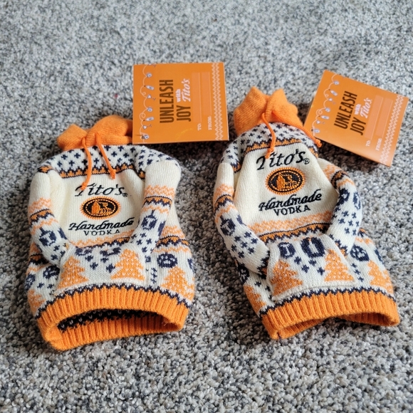 Two Tito's Vodka Bottle Fairisle Embroidered Hooded Sweater Orange White Nwt - Picture 2 of 3